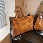 Stylish Retro Geometric Print Large Tote Bag Brown Handbag with Zipper Closure