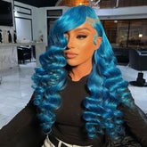 Lace Front Wig Human Hair Pre Plucked Dark Blue Loose Wave Wig