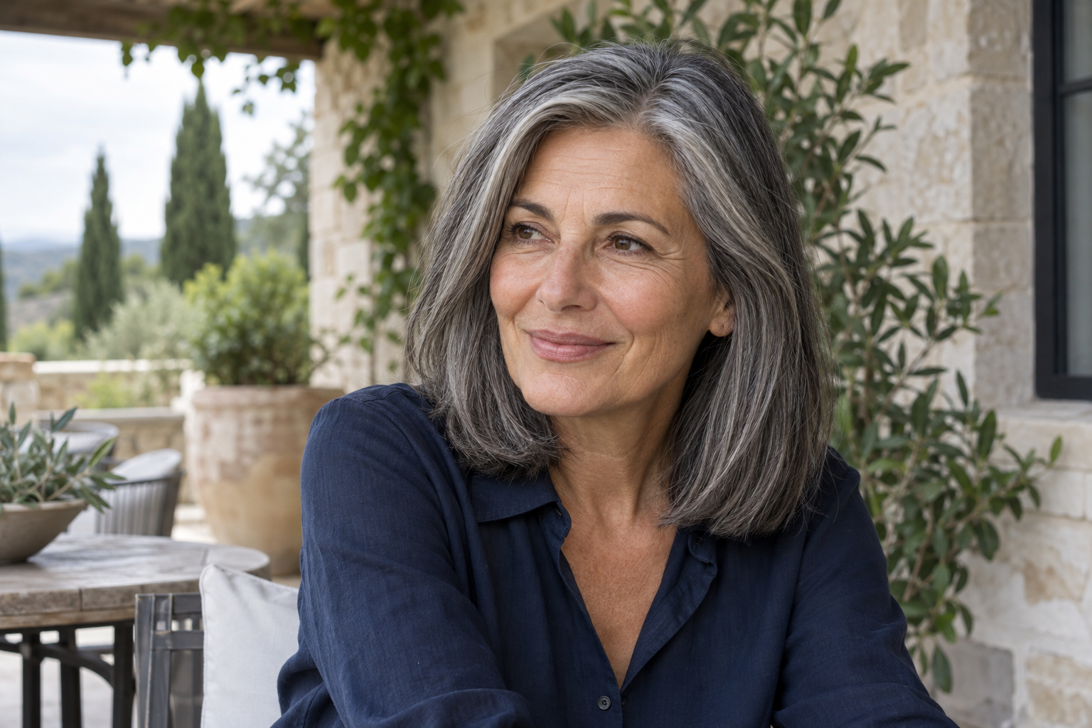 AI-generated editorial portrait with salt-and-pepper hair on a terrace