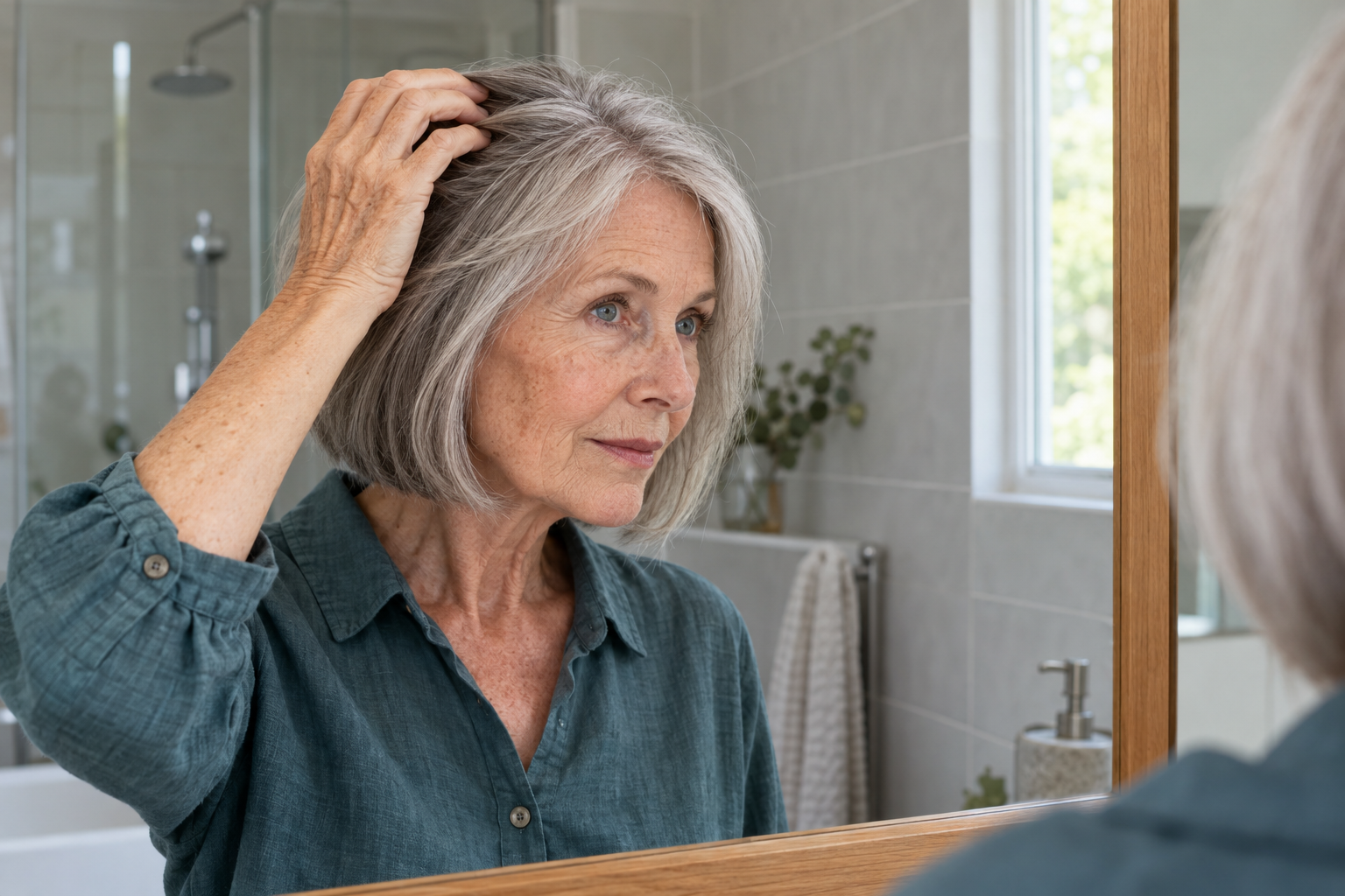 AI-generated editorial bathroom scene adjusting hair at the crown
