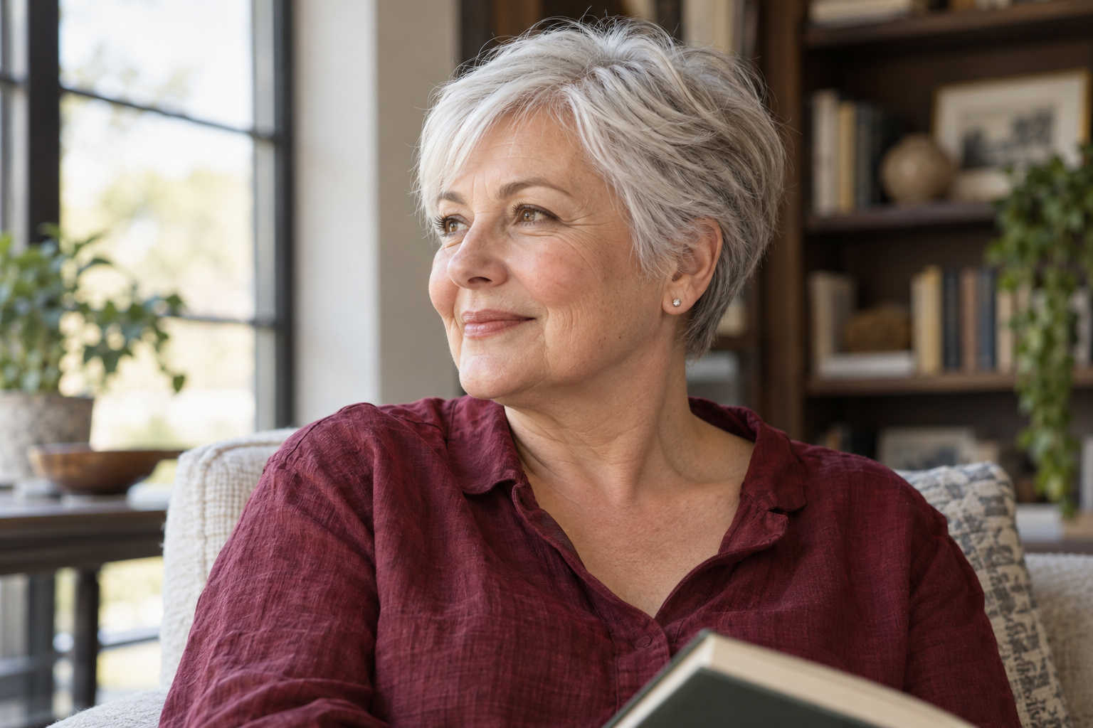 AI-generated editorial portrait with a silver-white pixie haircut in a reading room