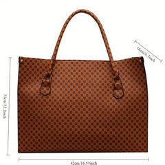 Stylish Retro Geometric Print Large Tote Bag Brown Handbag with Zipper Closure