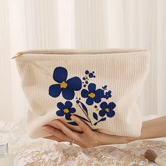 Chic Blue Floral Print Corduroy Makeup Bag with Zipper
