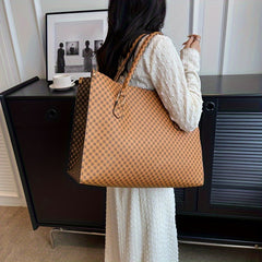 Stylish Retro Geometric Print Large Tote Bag Brown Handbag with Zipper Closure