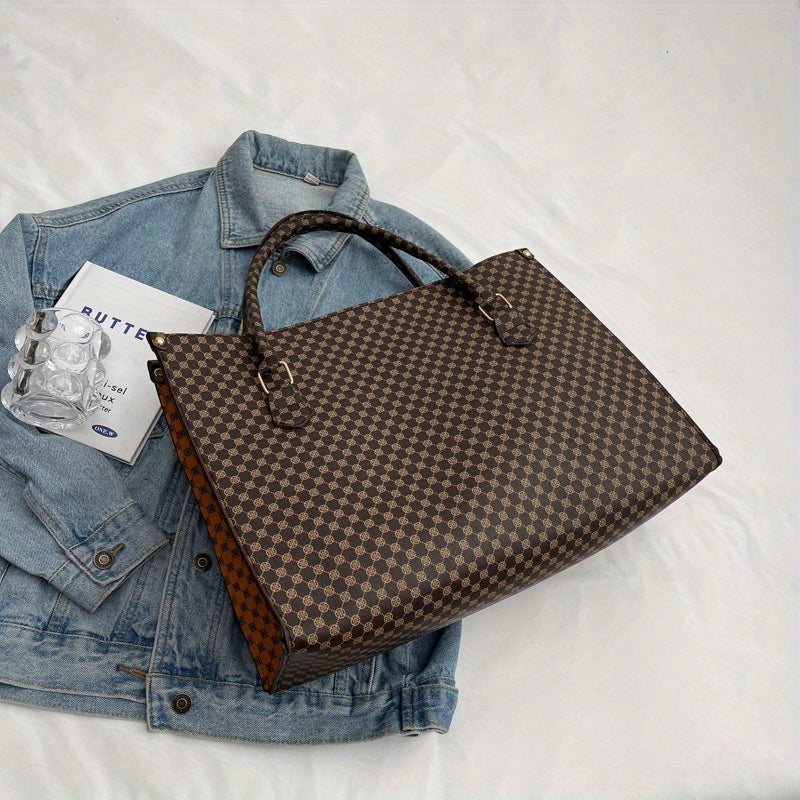 Stylish Retro Geometric Print Large Tote Bag Brown Handbag with Zipper Closure