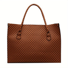 Stylish Retro Geometric Print Large Tote Bag Brown Handbag with Zipper Closure