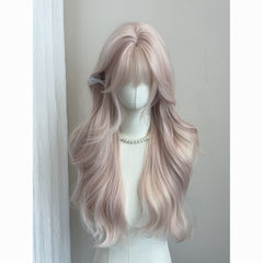 Pink Long Hair Misty Pink Gold Long Curly Hair with Bangs