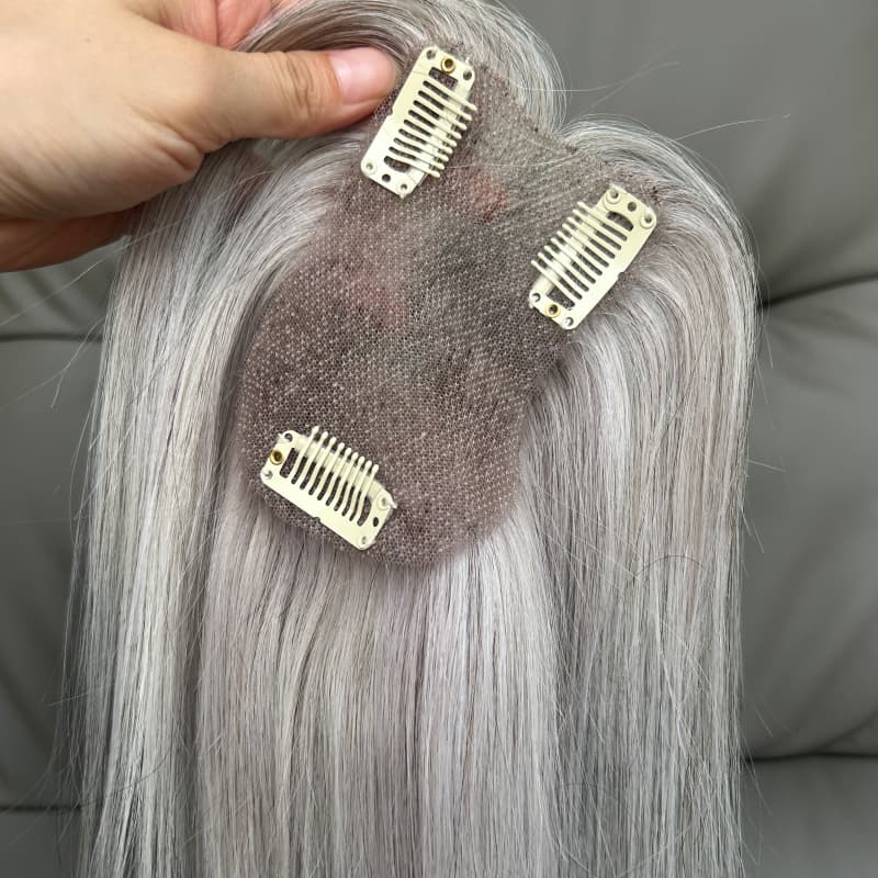 Clip-in attachment and lace base on silver grey topper
