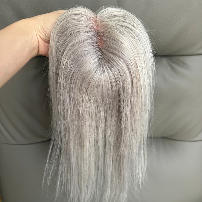 Natural-looking silver grey human hair topper from above