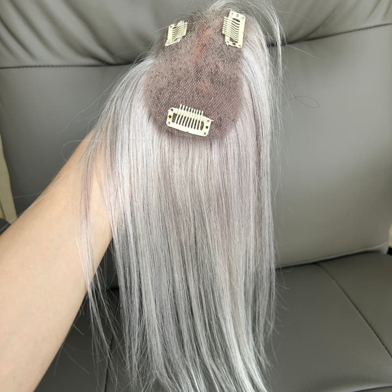 Silver grey clip-in topper with natural finish