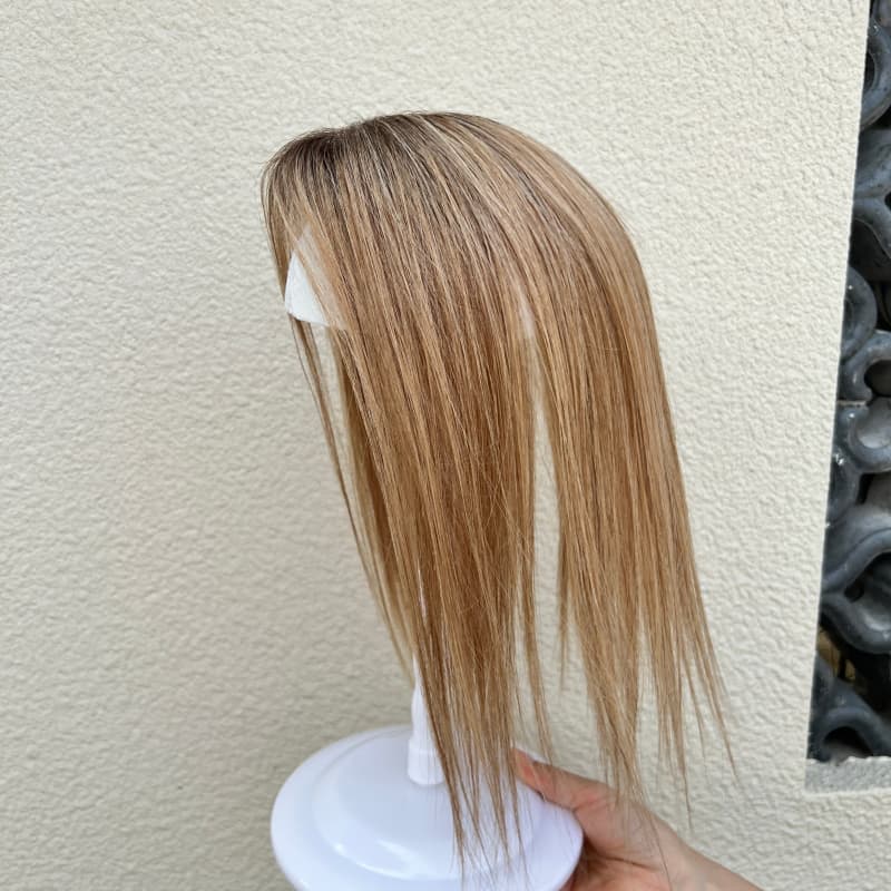 Brown gradient human hair topper with low-density finish