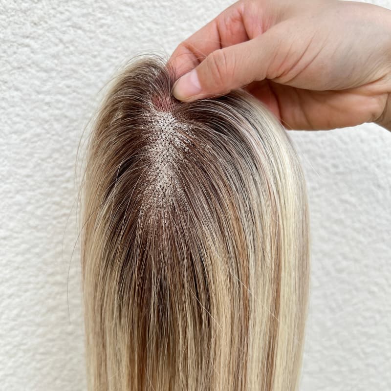 Natural part on highlighted golden blonde topper