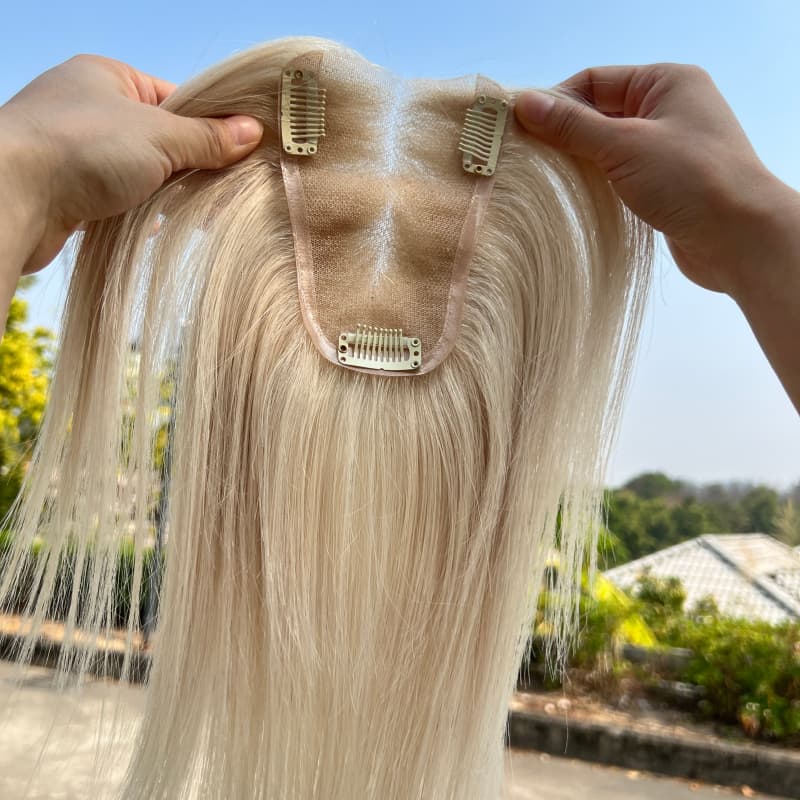 Ivory human hair topper with large U-shaped lace base