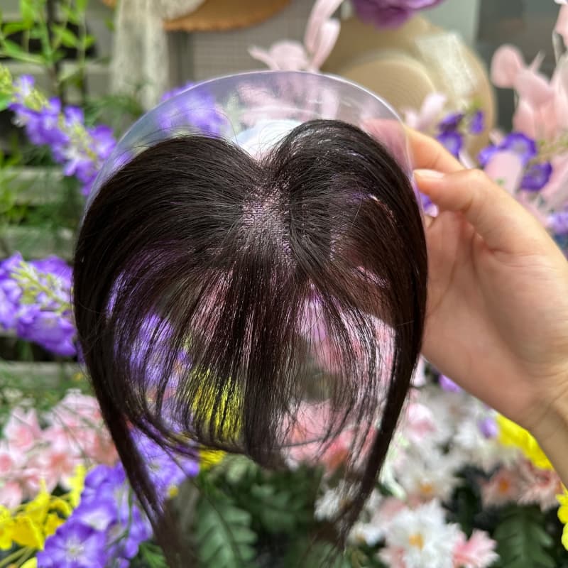 Natural Black Mini Human Hair Topper with Bangs
