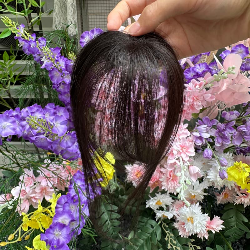 Natural Black Mini Human Hair Topper with Bangs