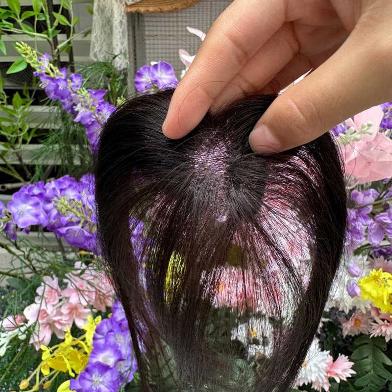 Natural Black Mini Human Hair Topper with Bangs