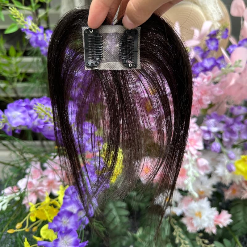 Natural Black Mini Human Hair Topper with Bangs