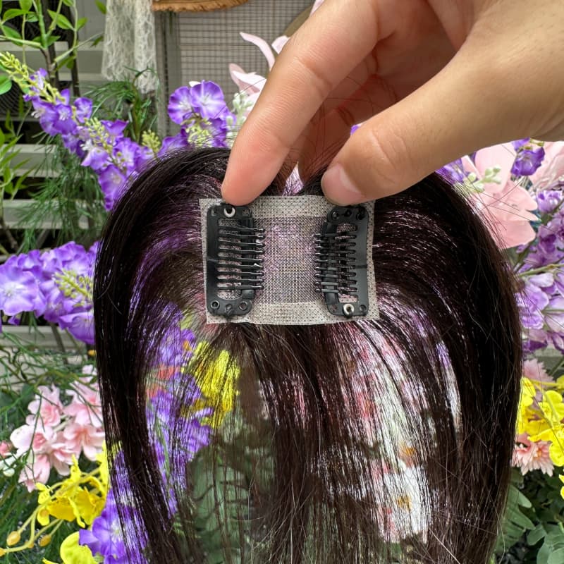 Natural Black Mini Human Hair Topper with Bangs