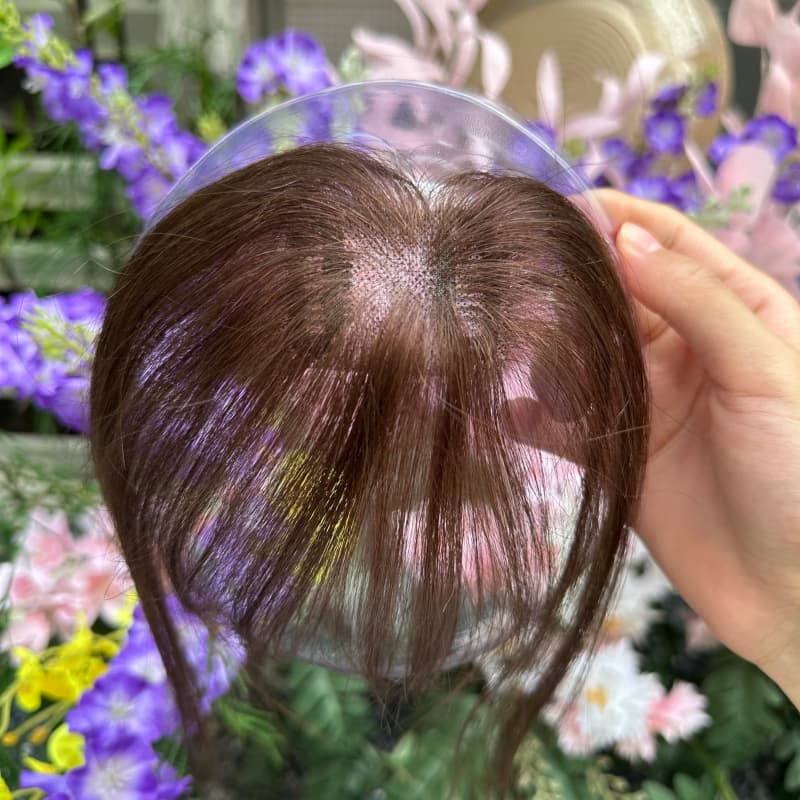Dark Brown Mini Human Hair Topper with Bangs