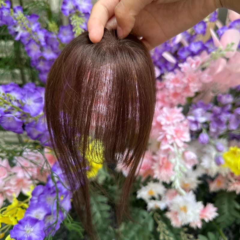 Dark Brown Mini Human Hair Topper with Bangs