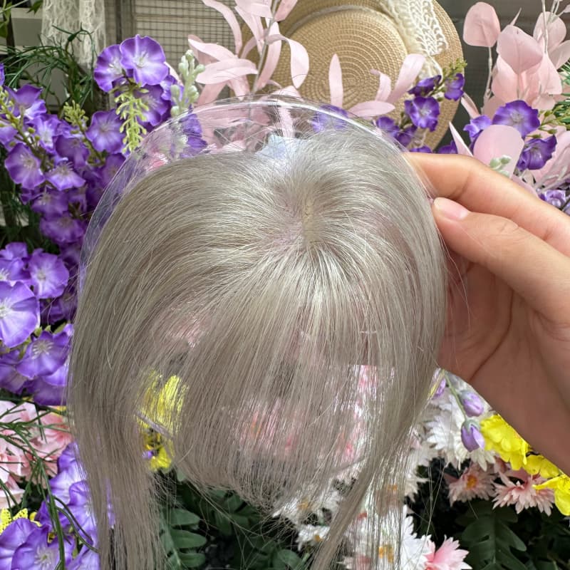 Grey Mini Human Hair Topper with Bangs