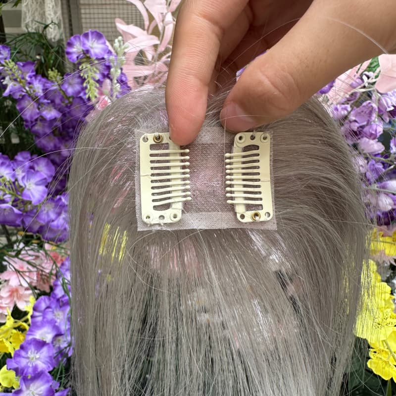 Grey Mini Human Hair Topper with Bangs