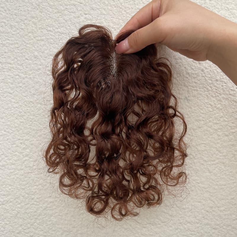 Curly Human Hair Lace Topper – Warm Medium Brown, Bace 7 × 10 cm