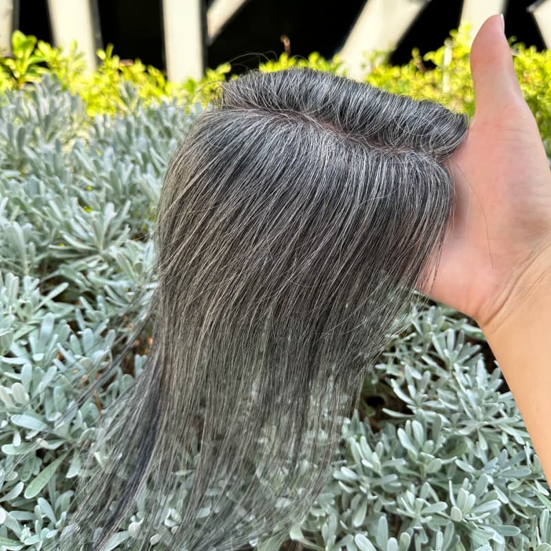 Silver gray human hair topper with natural-looking center part