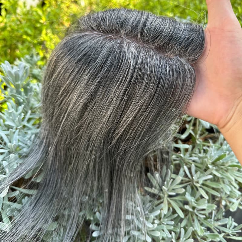 Silver gray mono hair topper, full length view