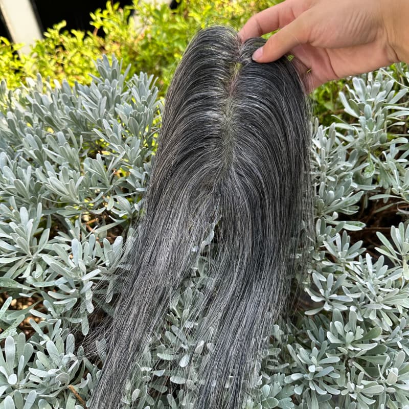 Silver gray human hair topper with extended base, back view