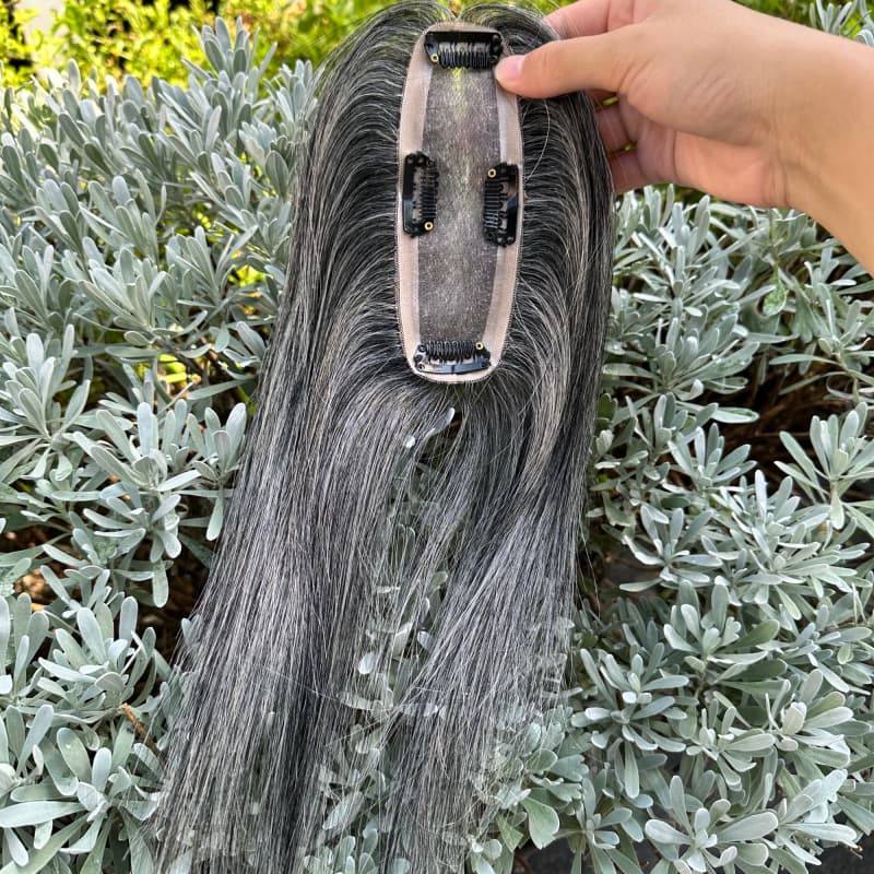 Silver gray hair blend detail on human hair topper
