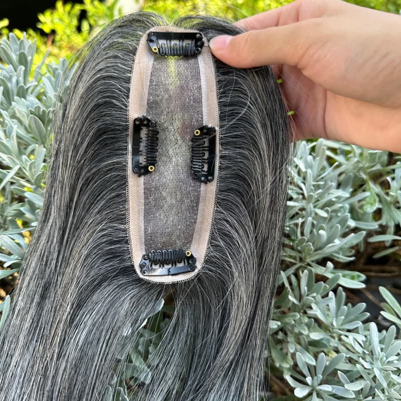Silver gray topper crown coverage and clip-in base detail