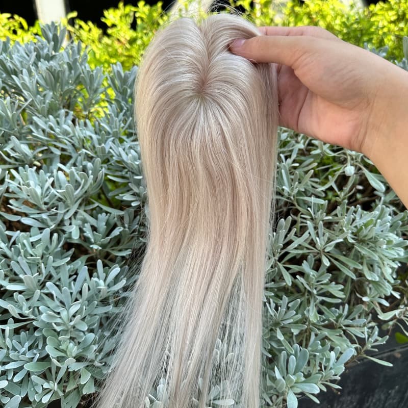Platinum blonde topper crown with scalp-like injected mono base