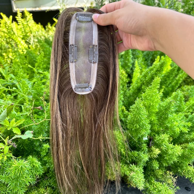 Brown highlighted human hair topper, full length view