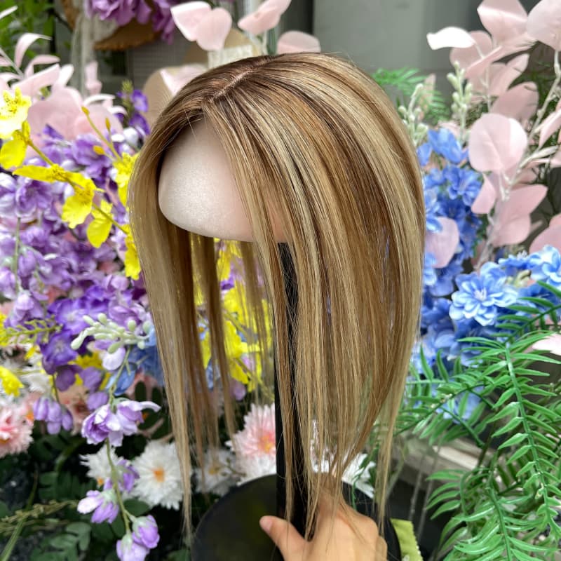 Brown blonde highlighted human hair lace topper, small 8 x 10 cm base and 30 cm length