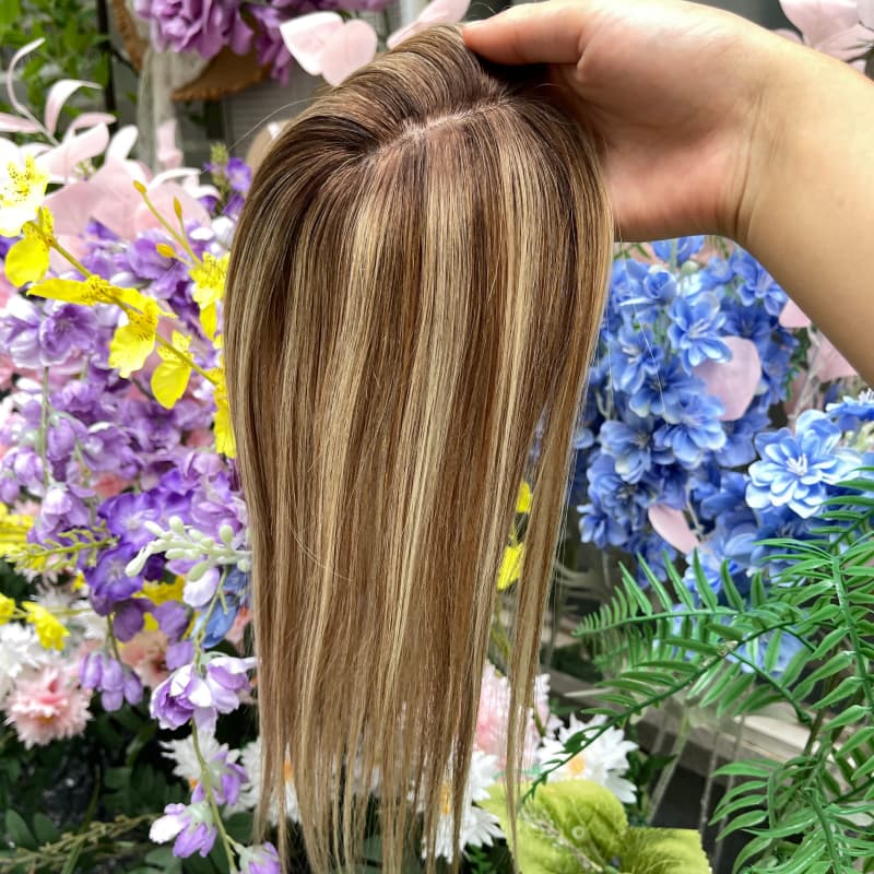 Brown blonde highlighted human hair lace topper, small 8 x 10 cm base and 30 cm length