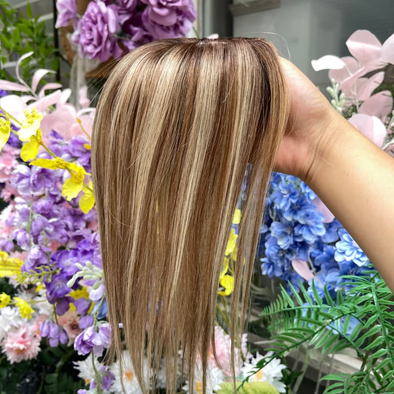 Brown blonde highlighted human hair lace topper, small 8 x 10 cm base and 30 cm length