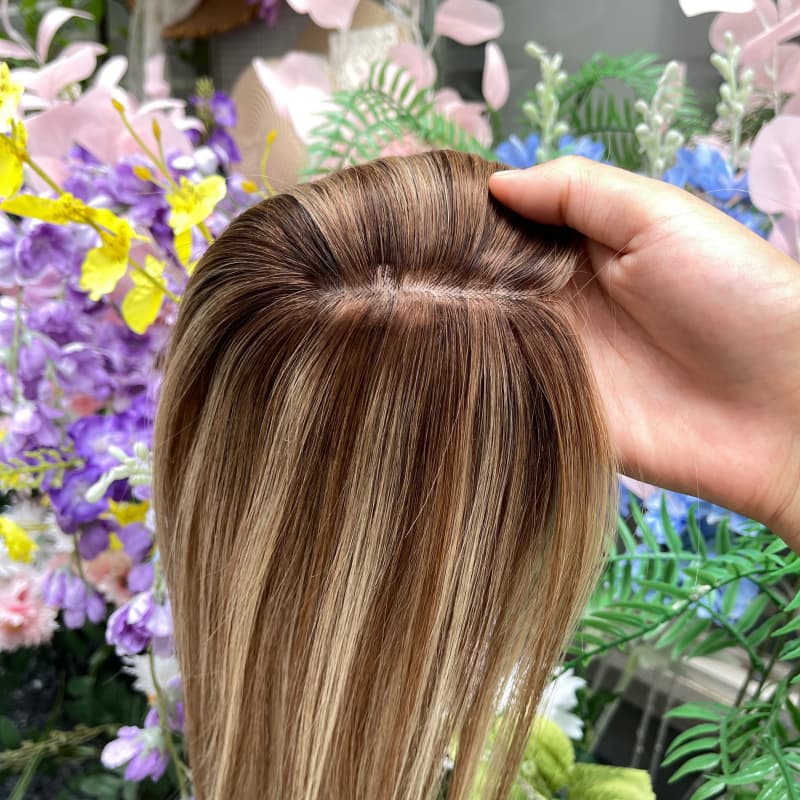 Brown blonde highlighted human hair lace topper, small 8 x 10 cm base and 30 cm length