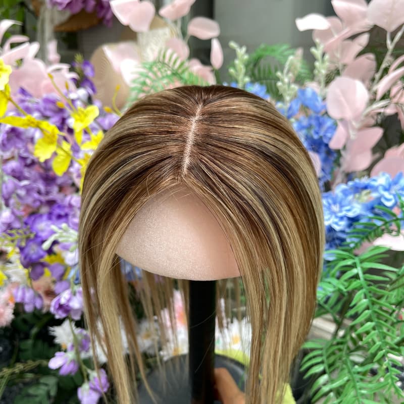 Brown blonde highlighted human hair lace topper, small 8 x 10 cm base and 30 cm length