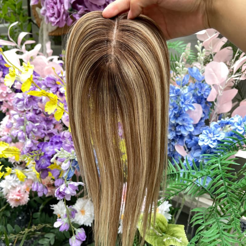 Brown blonde highlighted human hair lace topper, small 8 x 10 cm base and 30 cm length