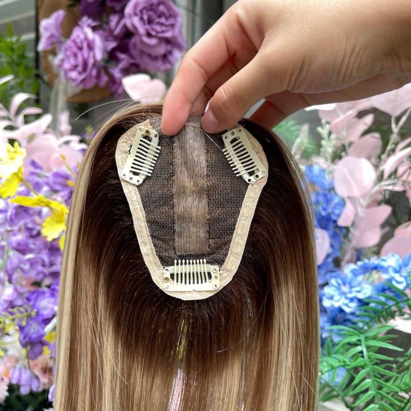 8 x 10 cm lace base with injected center part and three clips on brown blonde highlighted human hair topper