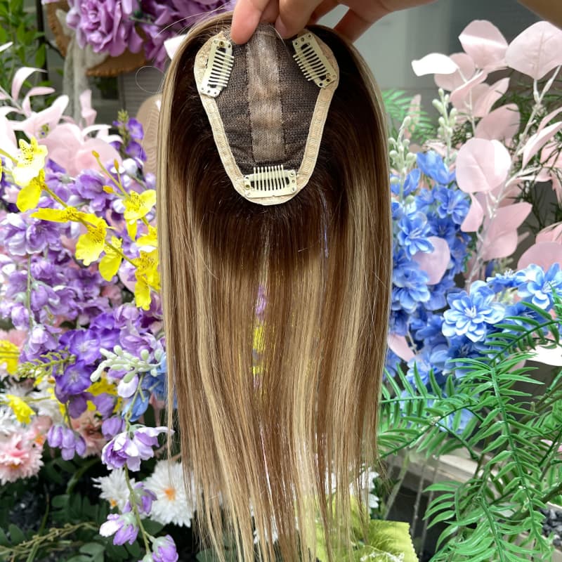 8 x 10 cm lace base with injected center part and three clips on brown blonde highlighted human hair topper