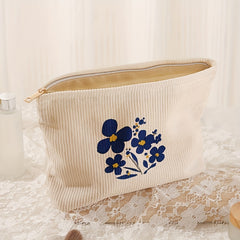 Chic Blue Floral Print Corduroy Makeup Bag with Zipper