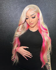 Custom Blonde Wig with Pink Highlight Lace Front Wig Human Hair 13x4 Lace Wig
