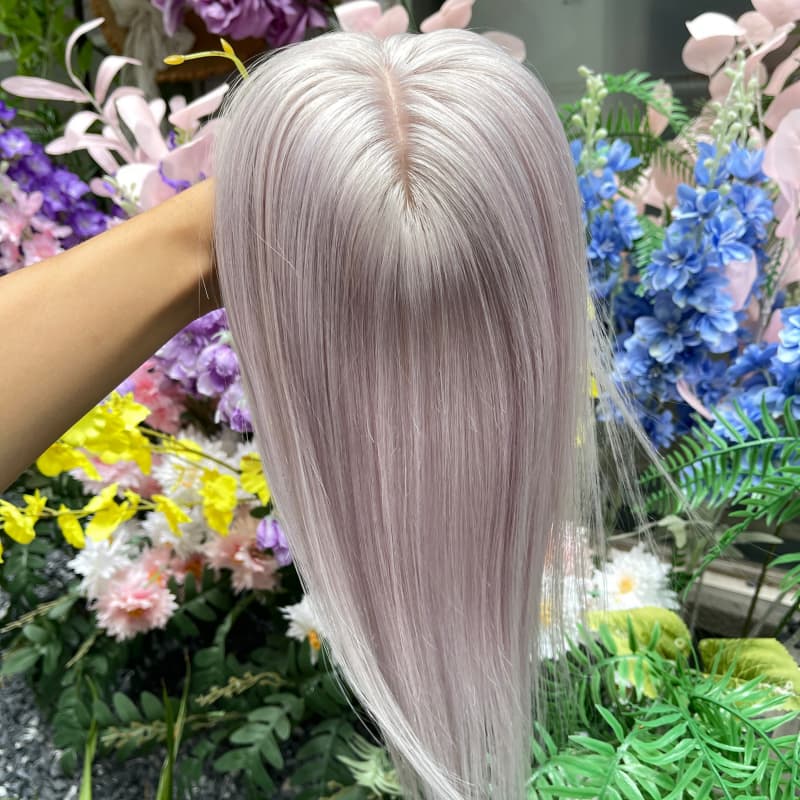 Gray human hair lace topper, 30 cm length, compact 8 x 10 cm base