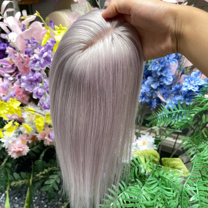 Gray human hair lace topper, 30 cm length, compact 8 x 10 cm base