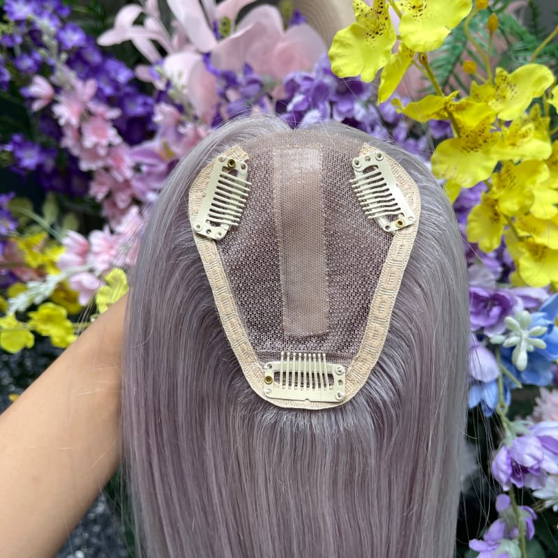 8 x 10 cm lace base with injected center part and three clips on a gray human hair topper