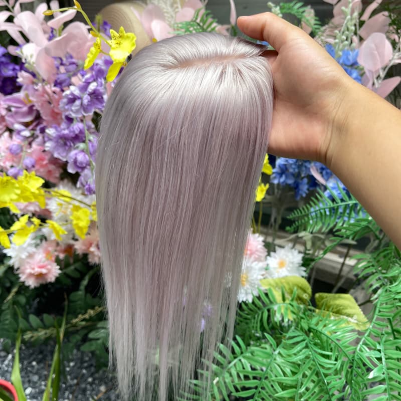 Gray human hair lace topper, 30 cm length, compact 8 x 10 cm base