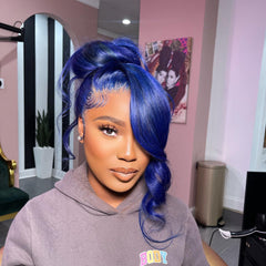 Short Blue Lace Front Wig Human Hair Pre Plucked Dark Blue Body Wave Wig