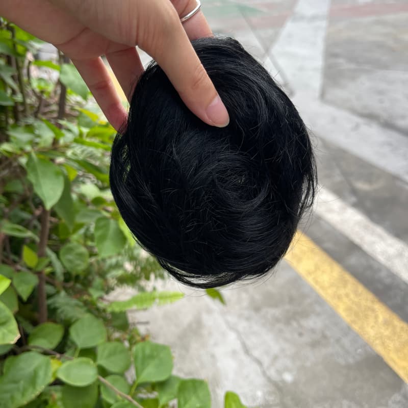 100% human hair bun scrunchie, color 1#, outdoor natural-light photo 2